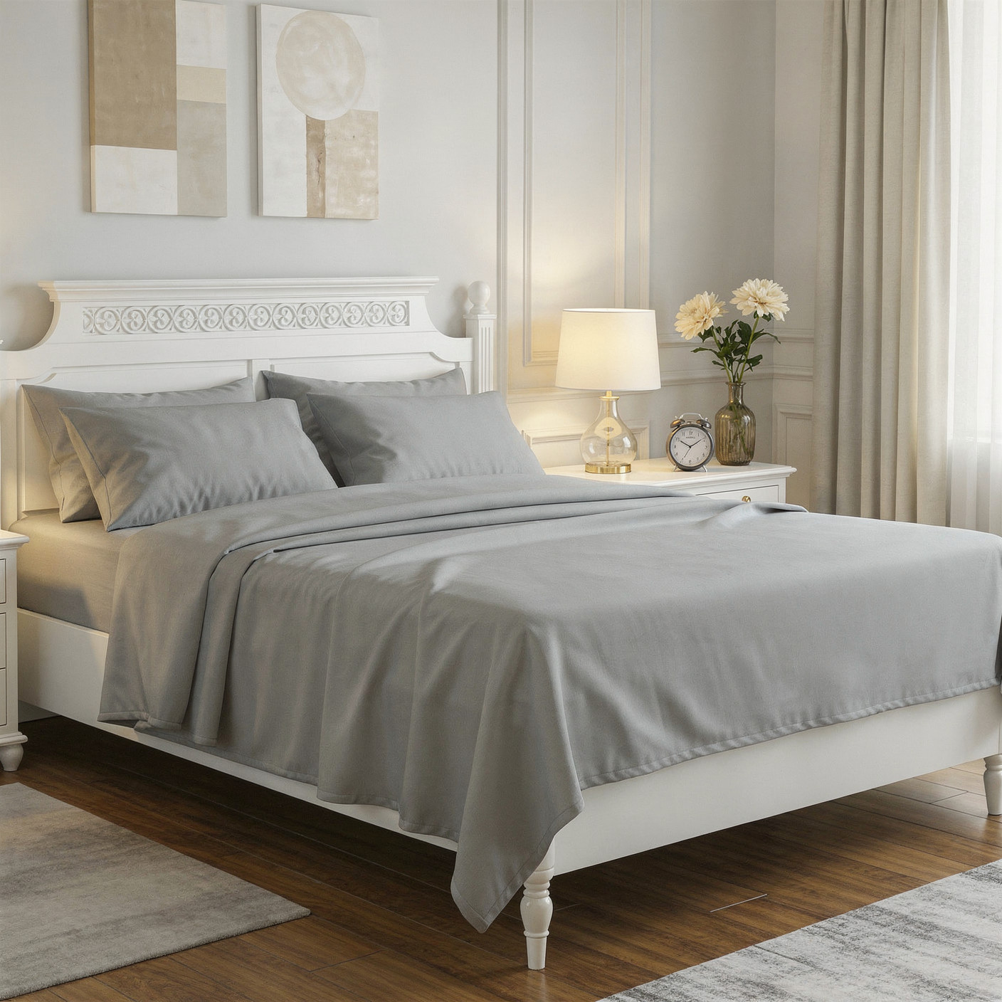 Neatly made bed with stone gray bedding in a well-decorated bedroom.