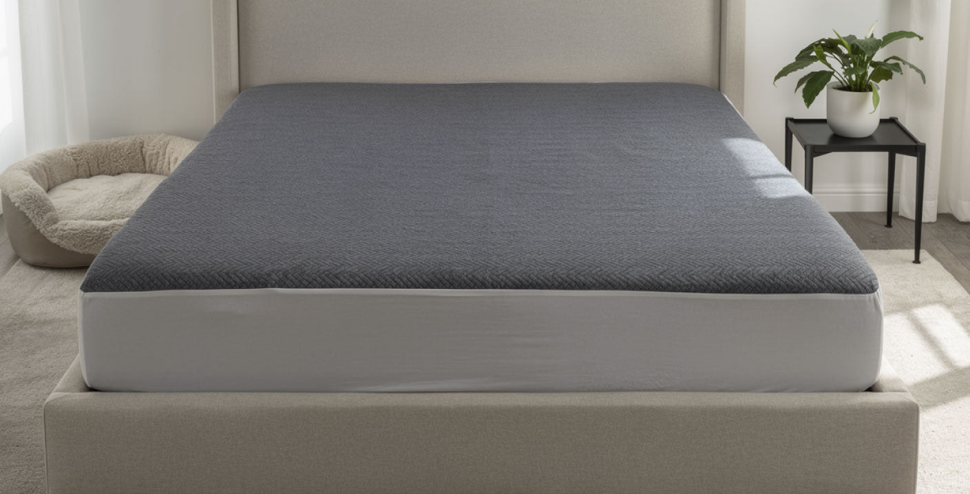 Gray mattress cover on a bed in a bedroom setting with a plant and pet bed in the background.