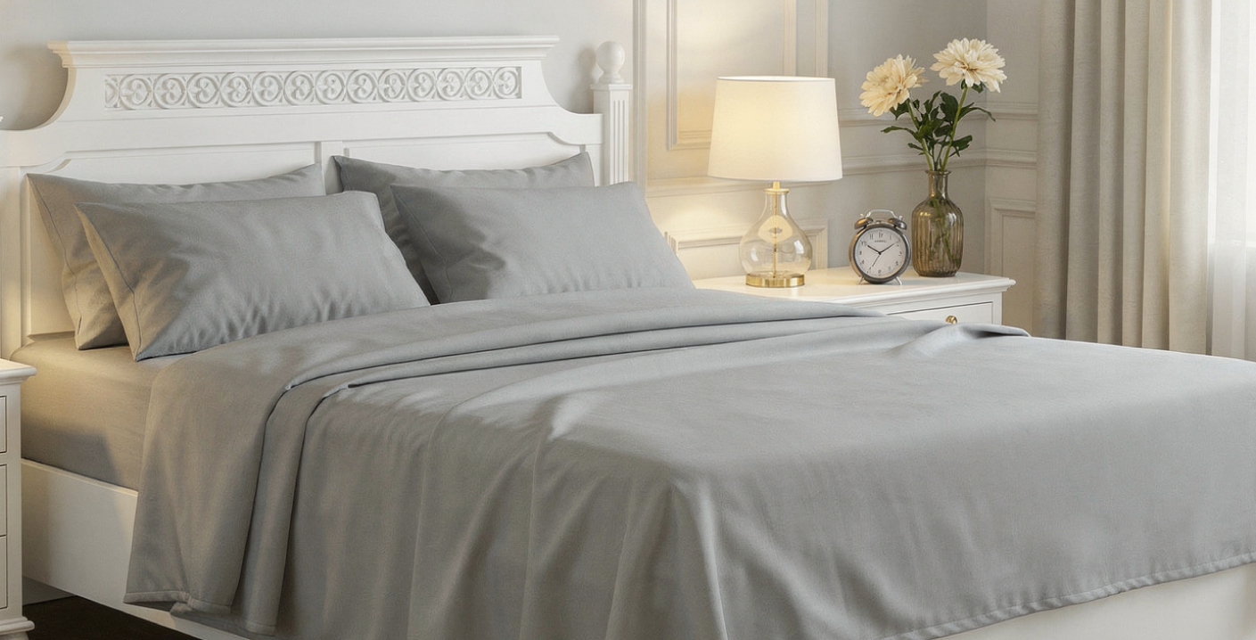 Gray bedding set on a bed in a bedroom with a lamp and clock.